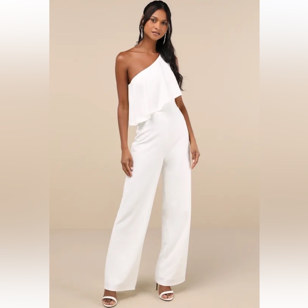 Lulus Flawless Vibes White One-Shoulder Tiered Wide-Leg Jumpsuit Size Small New!